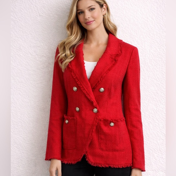 NWT $259 House of Harlow Red Tweed Double Breasted
Blazer Frayed Trim - Picture 3 of 11